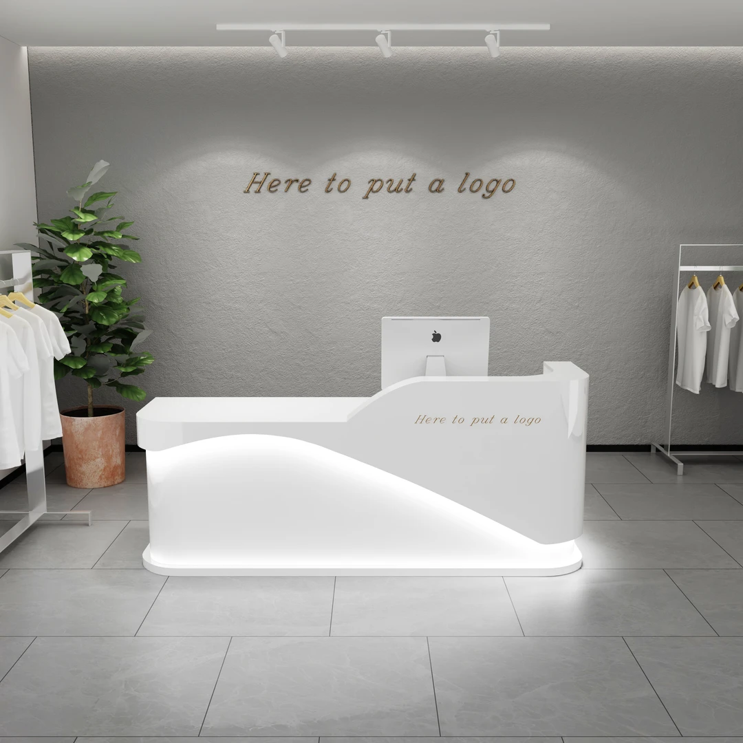 简约现代美容院前台接待桌服装店收银台美发店7L转角弧形定制吧台