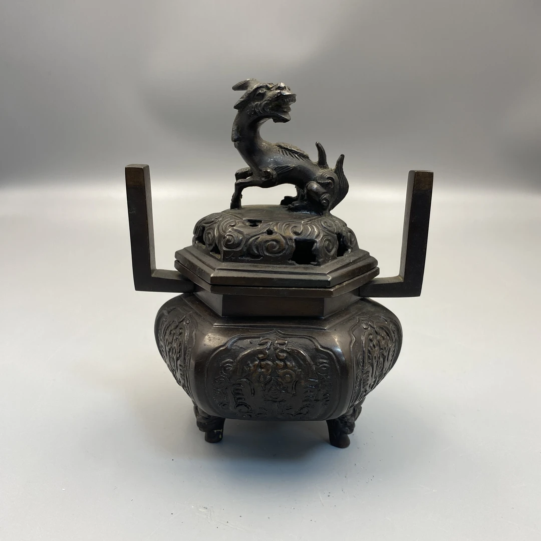 20世纪中早期(民国至早期)铜质狻猊钮神鸟纹香熏炉益合/2410-219