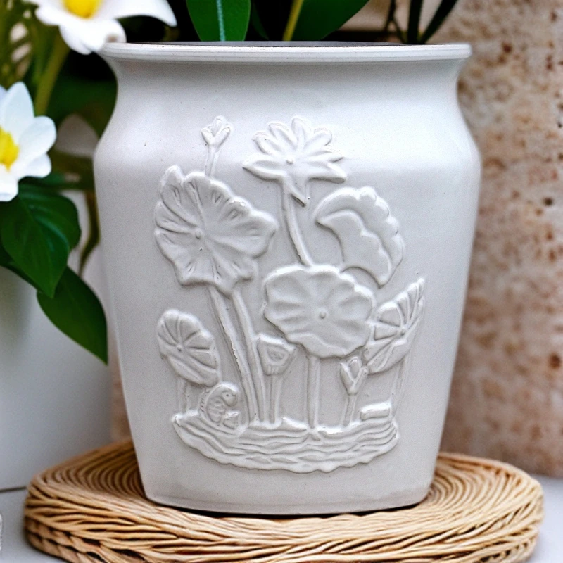 手工粗陶盆老桩多肉花盆陶罐花盆刻花大口兰花盆绿植花卉植物盆高