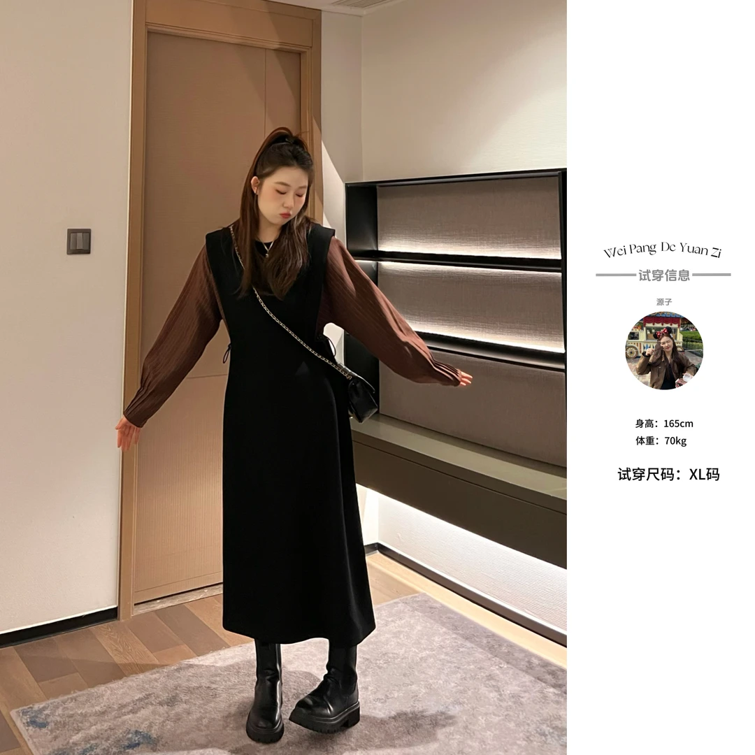 【反季】楠序源子【曼城旧事】微胖女装 假两件大码女装连衣裙YZ32331