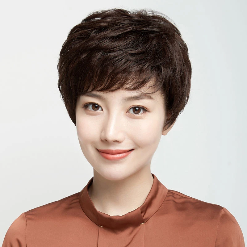 假发女短发真发全真人发妈妈中老年自然逼真全头套短卷发轻薄发套