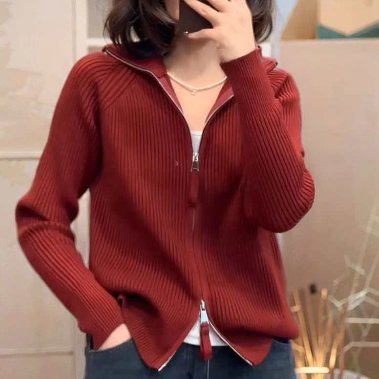 双拉链翻领针织开衫女春秋2024新款宽松百搭显瘦毛衣外套厚款外搭