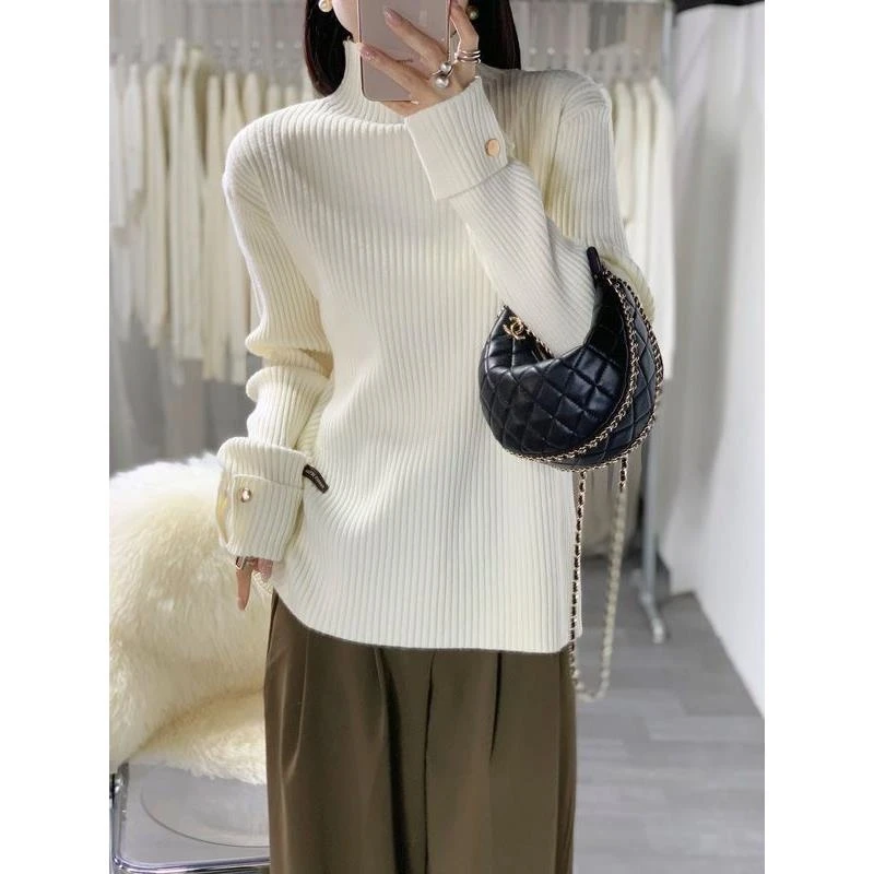 半高领加厚安迪绒针织衫女2024秋冬新款设计感别致袖口软糯毛衣女