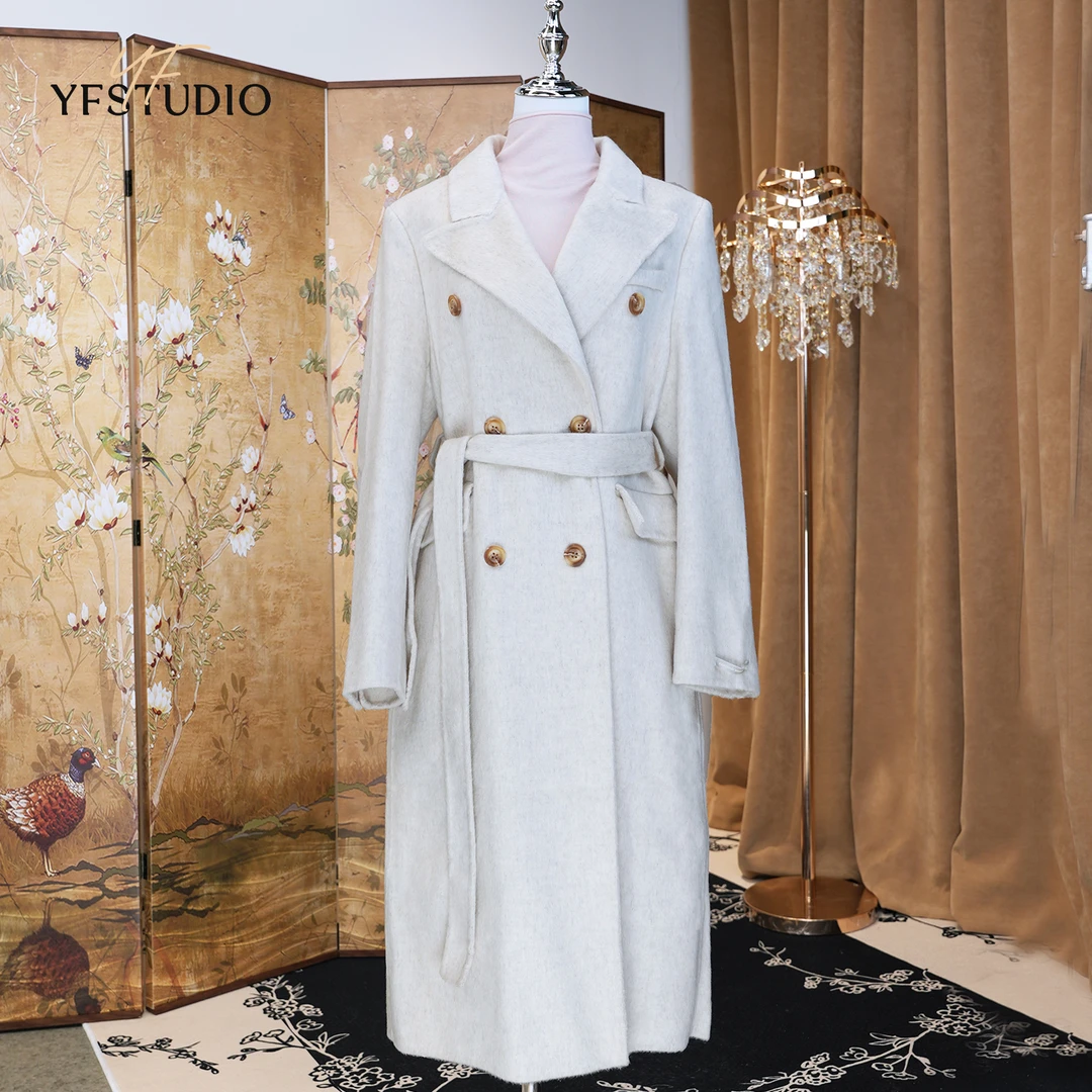 YF 双面绒大衣2024秋冬设计感西装领中长款系带双排扣羊毛呢外套
