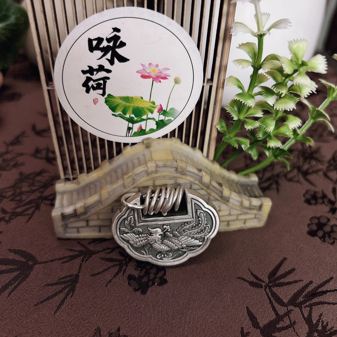 吊坠足银 小郑家凤穿牡丹复古做旧纯手工锁