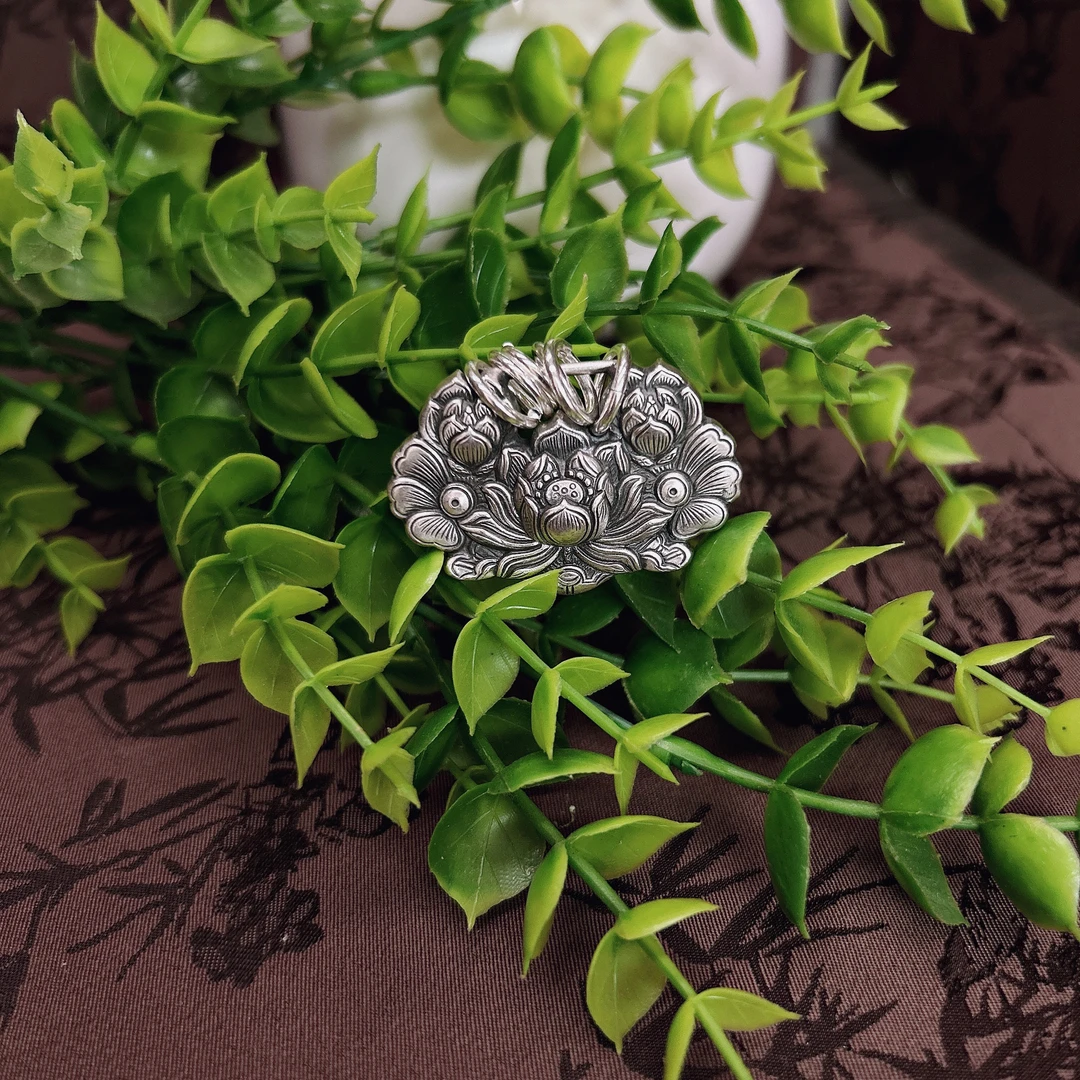 吊坠足银 小郑家纯银莲花复古古风纯手工时尚锁坠银色气质首饰