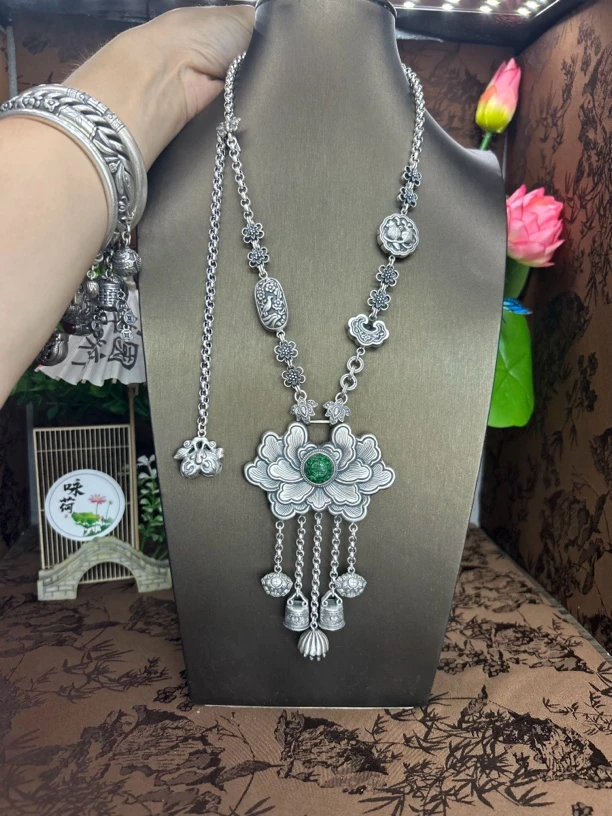 吊坠足银 小郑家纯银手工簪刻牡丹花坠链