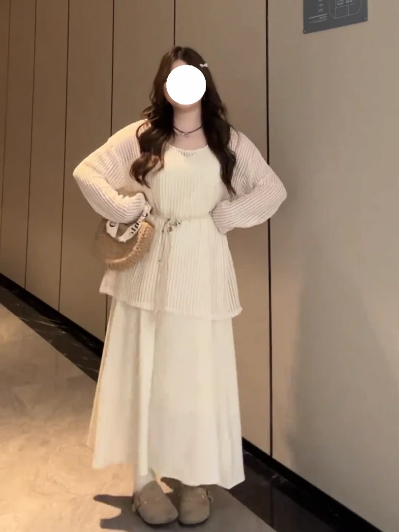 大码梨形身材连衣裙女夏季胖MM遮肚子显瘦吊带长裙子针织上衣套装