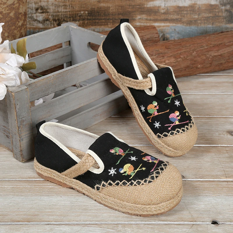 新款亚麻草编民族风单鞋绣花软底北京女布鞋复古学生百搭包头渔夫