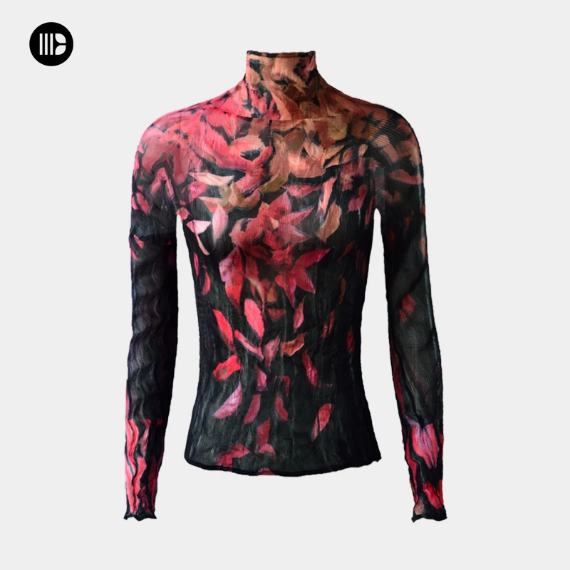 卿北丨褶皱速干印花打底衫内搭外穿女款长袖高领修身扎染春夏秋季