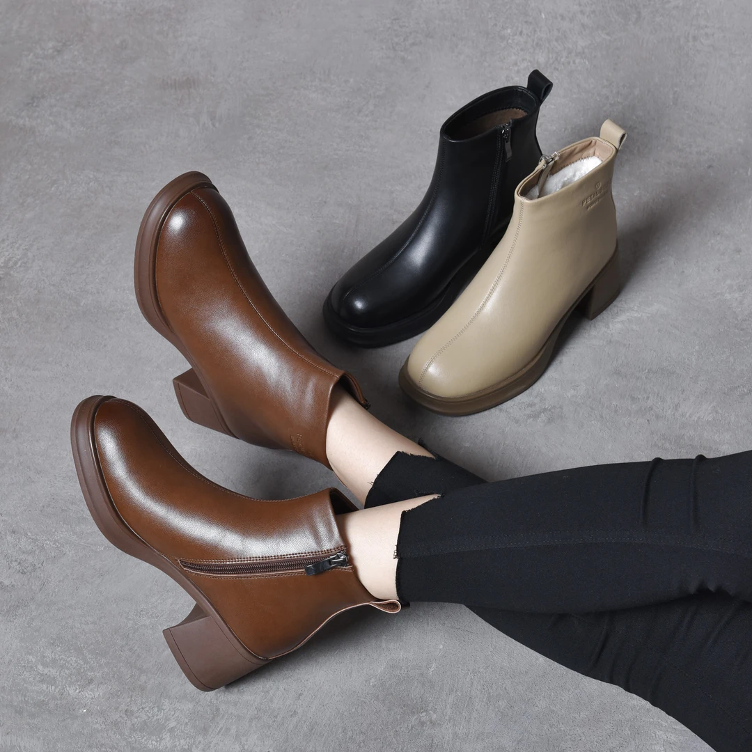 558粗跟百搭保暖防滑大棉靴冬侧拉链靴子中跟马丁靴英伦风女靴子