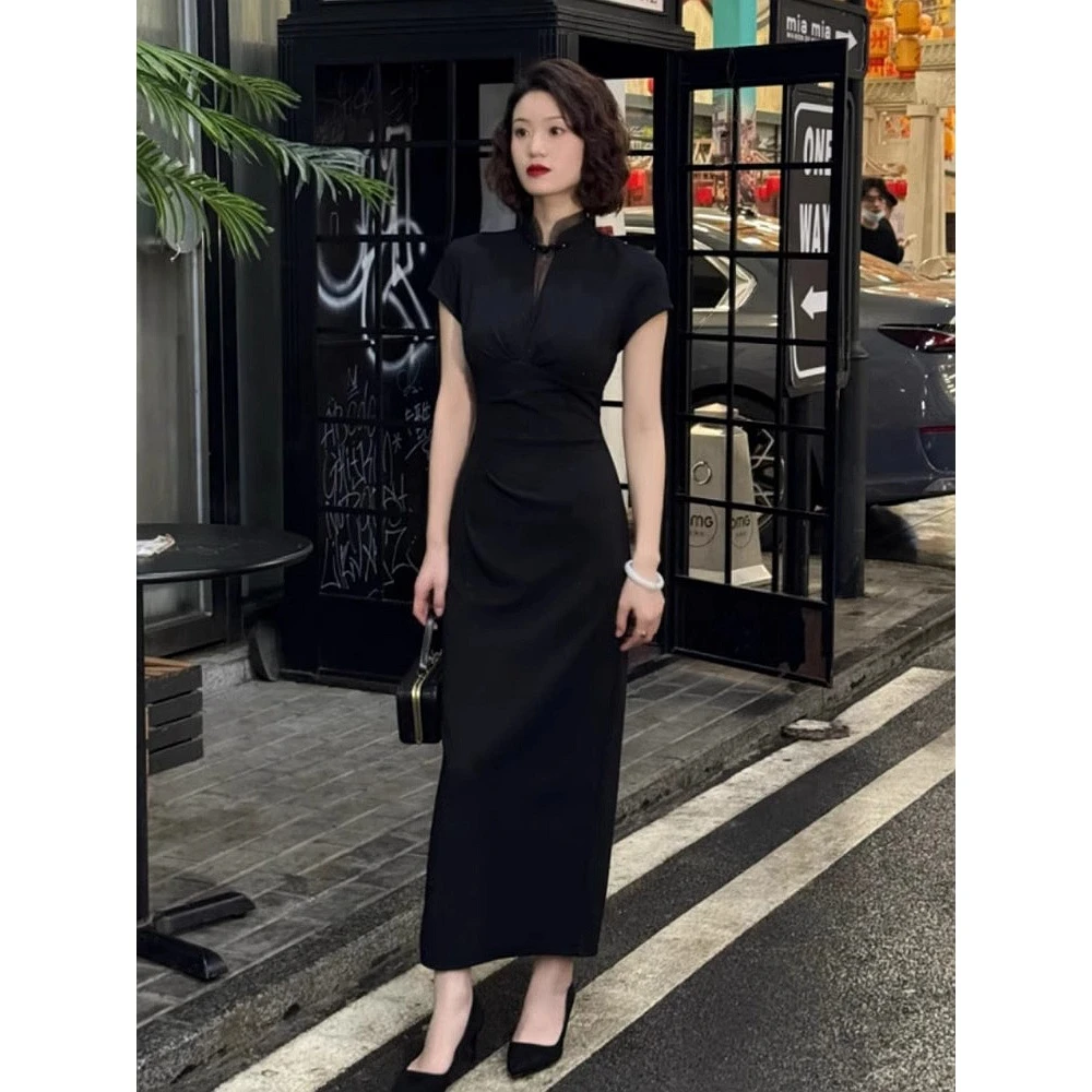 2024春夏新款新中式国风高级感风情万种黑色改良旗袍连衣裙女303