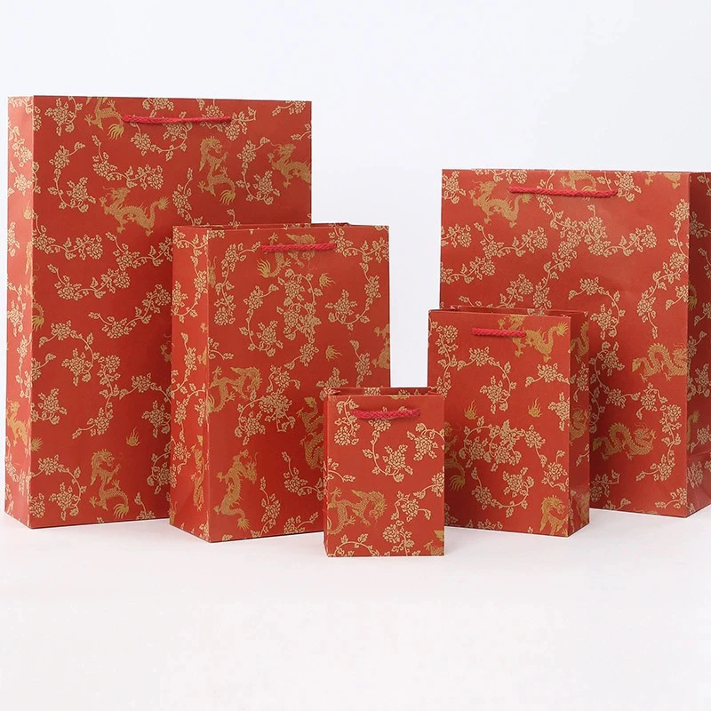 牛皮纸加厚手提袋礼品袋中国风龙纹喜庆红色礼品袋送礼装烟手提袋