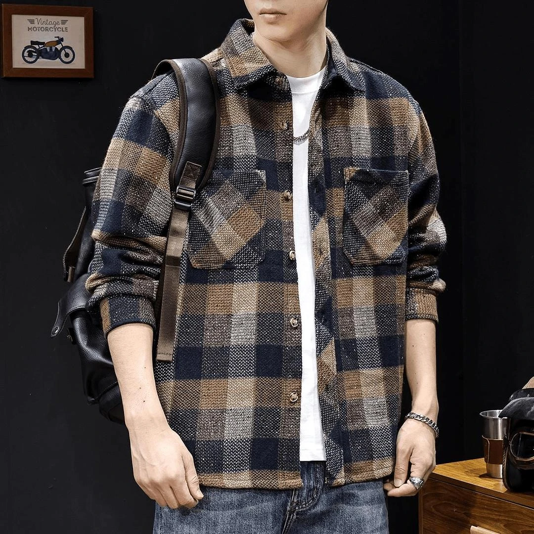 日系潮流加厚格子长袖衬衫男秋冬季休闲工装衬衣2024新款宽松外套