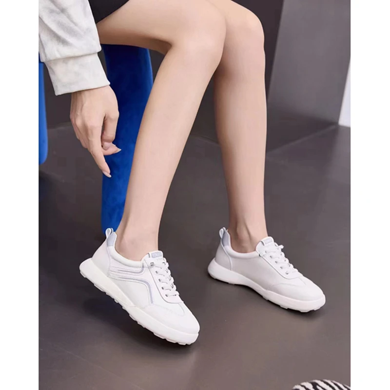 2024春季新款真皮运动休闲鞋系带平底跑步鞋舒适小白鞋百搭女鞋子