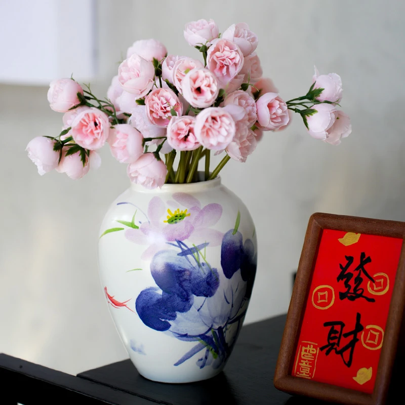 1青荷青花瓷瓶摆件客厅插花装饰工艺品景德镇瓷器新中式茶桌摆件