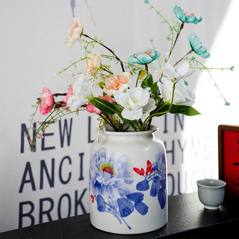 3蓝牡丹景德镇花瓶陶瓷摆件客厅插花现代简约家居干花装茶桌摆件