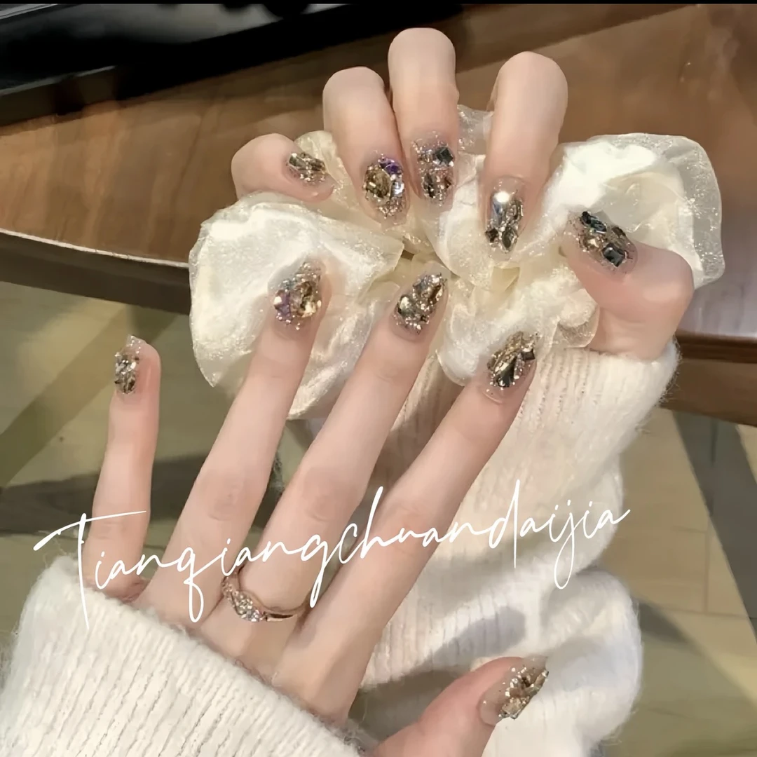 【星空】爆闪香槟钻穿戴甲纯手工温柔百搭美甲反复使用