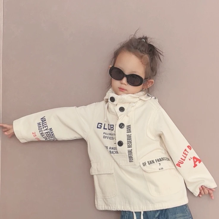 D♥.迪家潮牌男女童运动儿童字母复古连帽风衣秋冬童装洋气外套