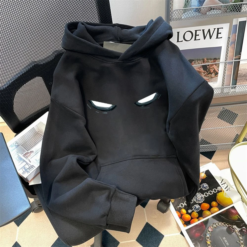 美式高街国潮牌卫衣男女秋冬加绒休闲大码300斤连帽情侣上衣黑色