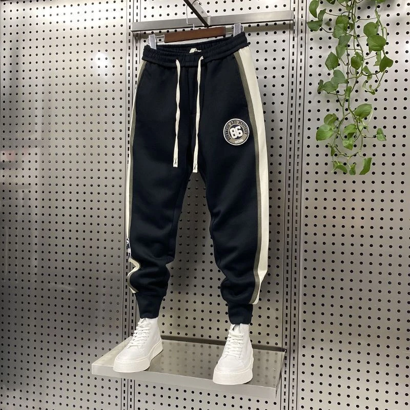 大码300斤新款条纹拼接束脚运动裤男潮牌刺绣小脚休闲裤哈伦卫裤2