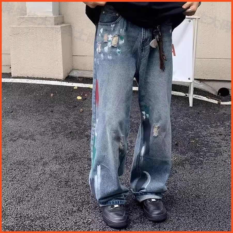 彩绘涂鸦/新款破坏巴黎水洗蓝色牛仔裤阔腿直筒宽松美式牛仔裤男