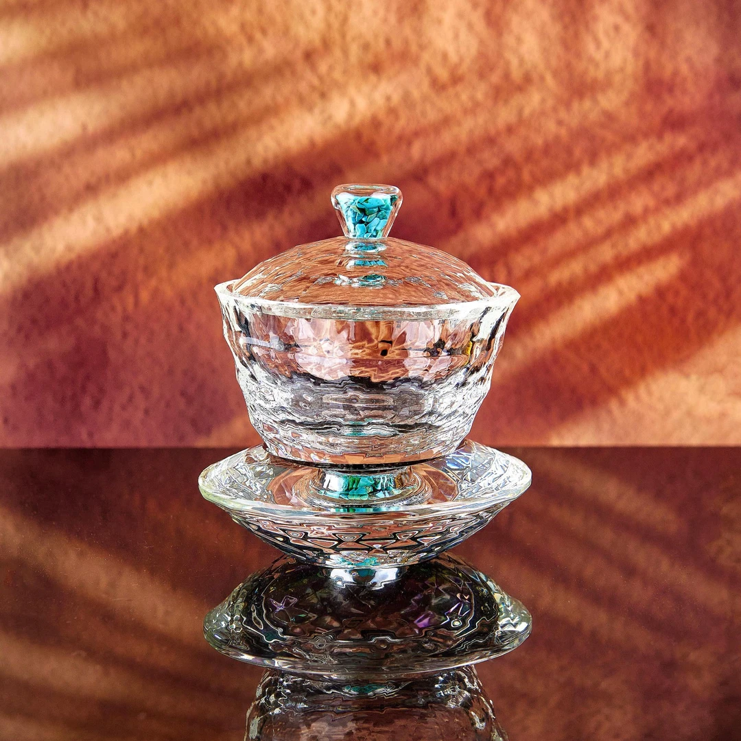 水晶盖碗松石绿三才加厚钻切刻面手工茶具泡茶碗耐热手抓茶道/gw