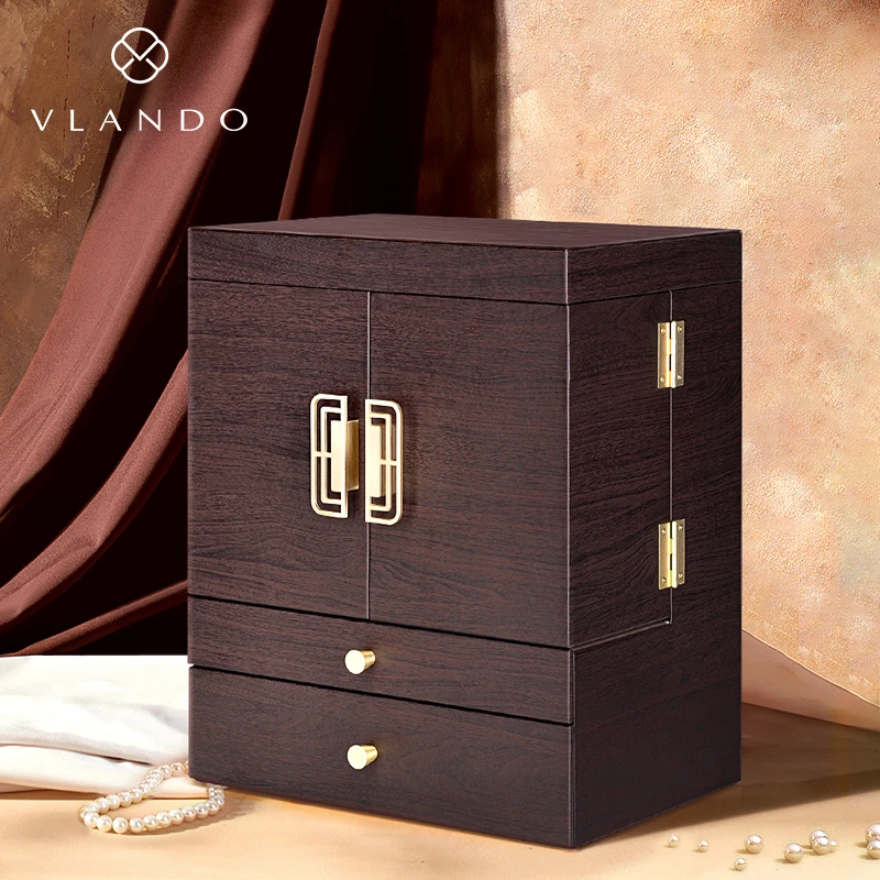 VLANDO/唯兰朵皮质化妆收纳箱大容量中式抽屉式新中式家用木纹