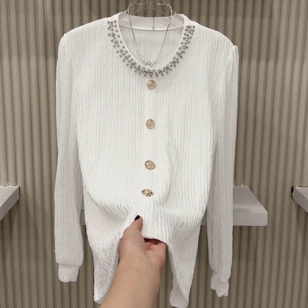 春季新款大码女装显瘦上衣时尚减龄钉珠百搭宽长袖打底