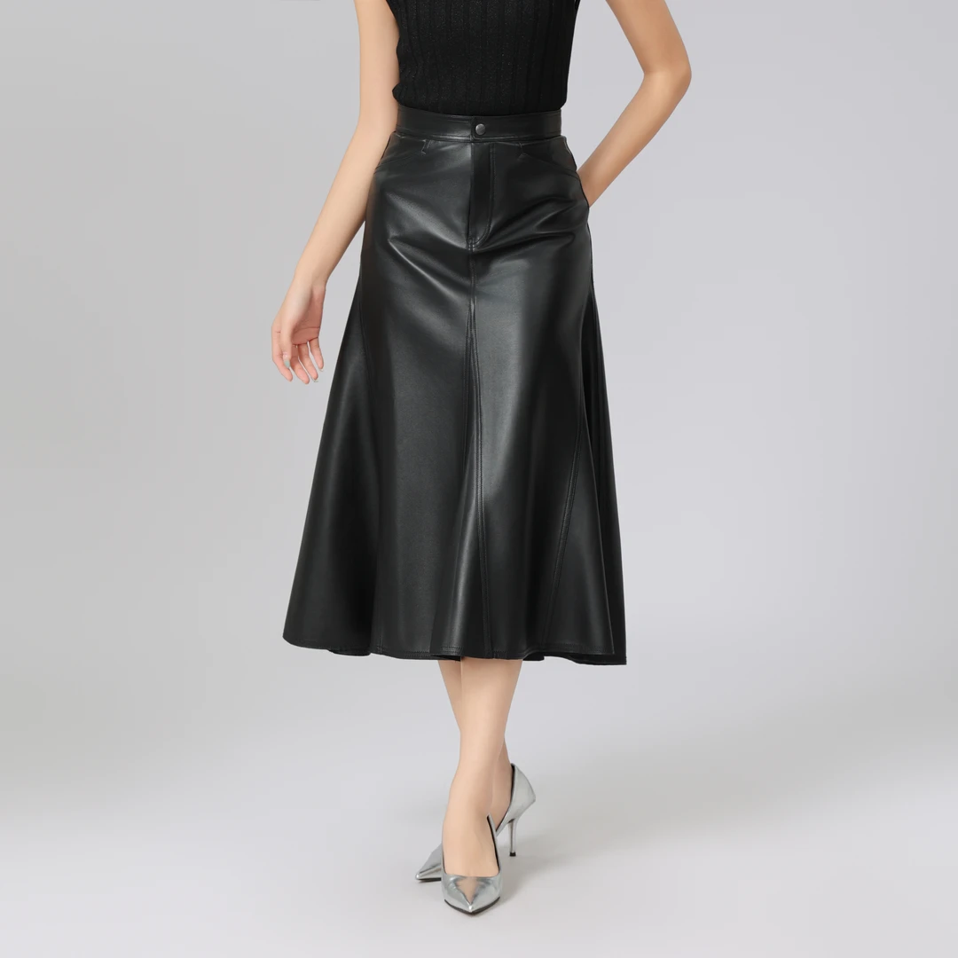 limil/丽米儿秋冬新款羊皮革轻熟风时尚显瘦百搭A字半身裙9200069