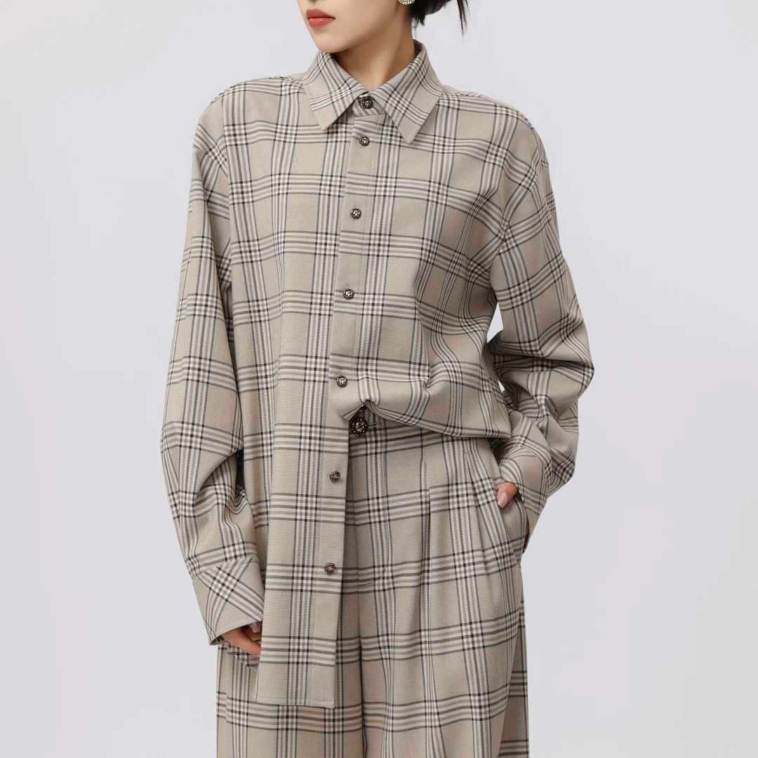 limil/丽米儿高端长袖百搭新中式复古时尚气质格纹衬衫女9300012