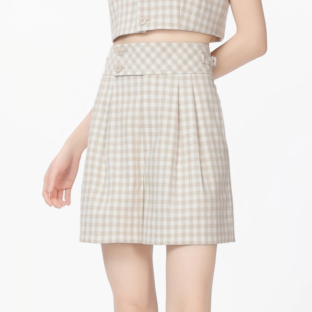 AMASS/阿玛施夏季格纹裤裙法式休闲气质双压褶高腰短裤5100512