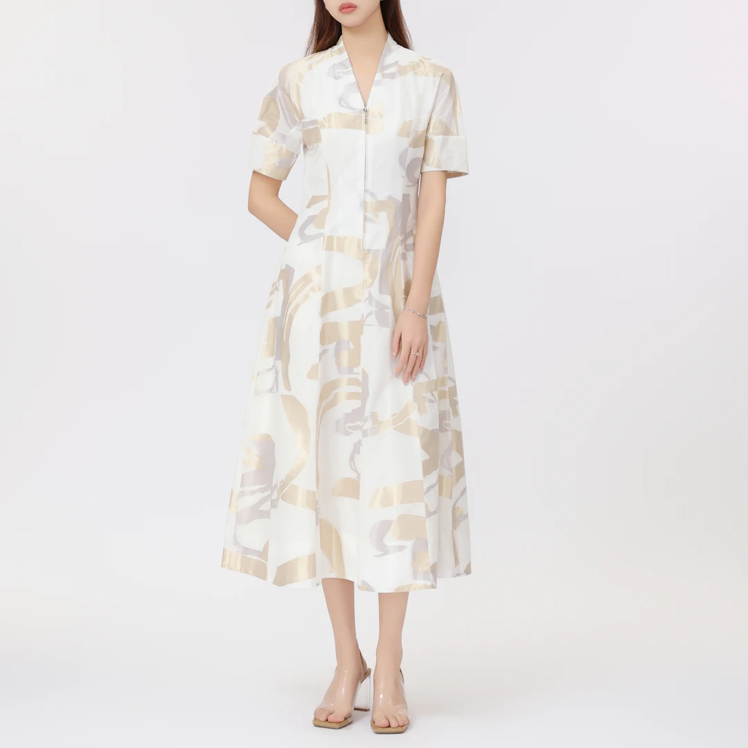 limil/丽米儿中式V领拉链伞摆洋装9500073