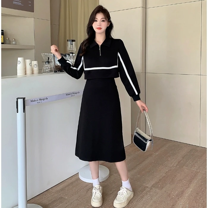 （专属）大码胖polo领假两件长袖连衣裙显瘦遮肚胖MM藏肉中长裙1617