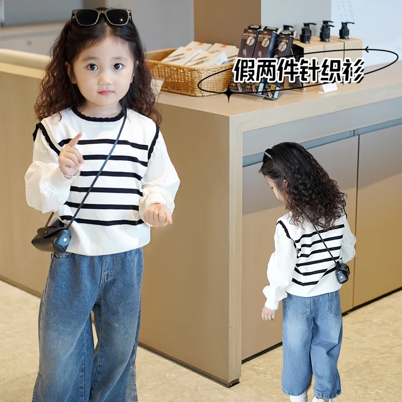 女童春季韩版洋气假两件儿童针织衫圆领套头薄款拼接泡泡袖打底衫