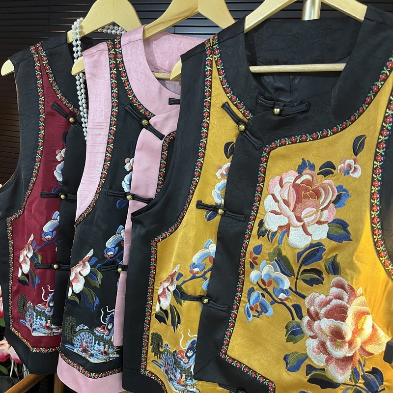 猫家国风大码YZM老钱时尚绣花重磅早秋款三色马甲8060