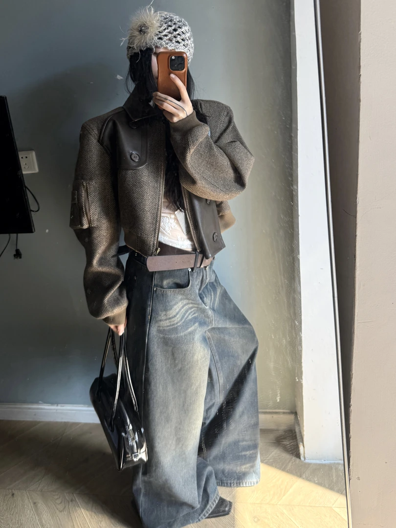 2024秋冬欧货原单咖色拼PU皮加棉加厚短款时髦小外套