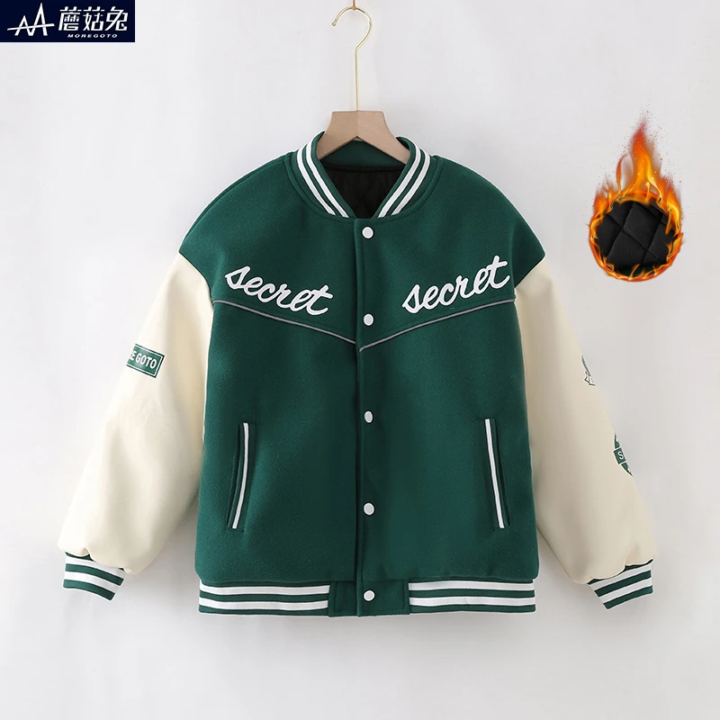 胖男童夹棉毛呢外套洋气潮炸街大童男孩加棉棒球服加厚冬款青少年