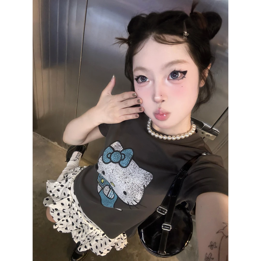 y2k千禧甜辣妹凯蒂猫印花t恤女正肩短袖夏季美式复古修身短款上衣