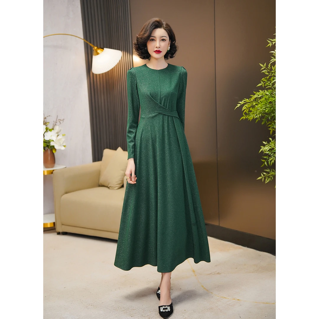 2025气质新款女装连衣裙绿色洋气收腰显瘦别致时尚大摆裙WF1049