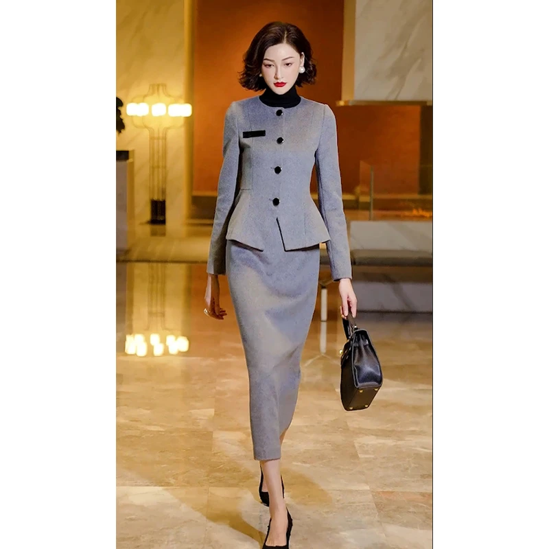 2024年新款顺毛羊毛呢高雅灰色外套半身裙两件套装4017