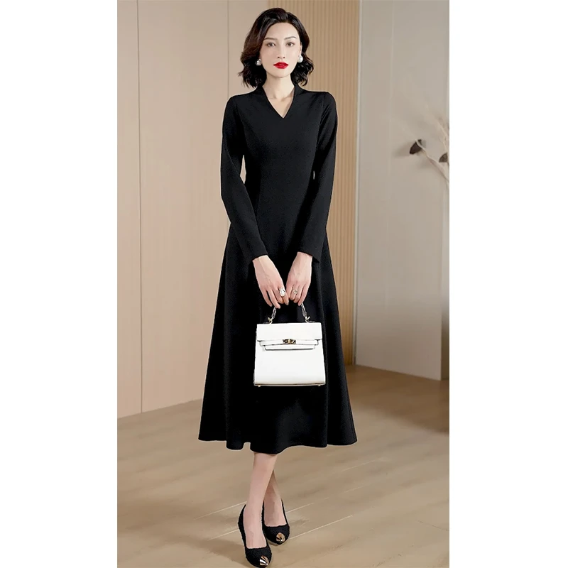 新款V领连衣裙黑色高腰显瘦气质优雅大摆裙百搭长裙WF1019