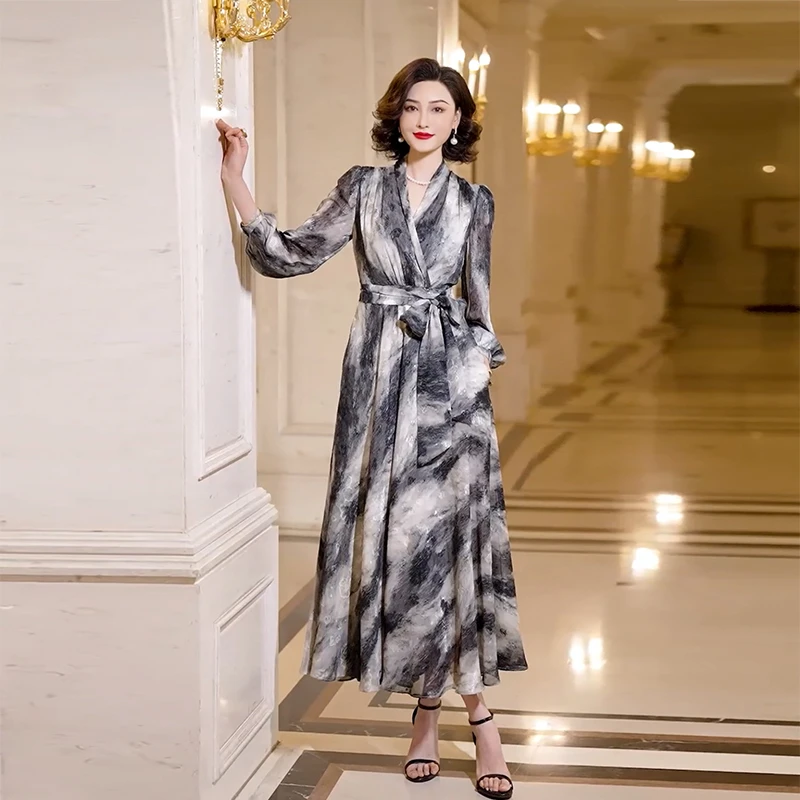 2024春夏新款女装连衣裙水墨收腰显瘦法式修身复古气质长裙WF1068