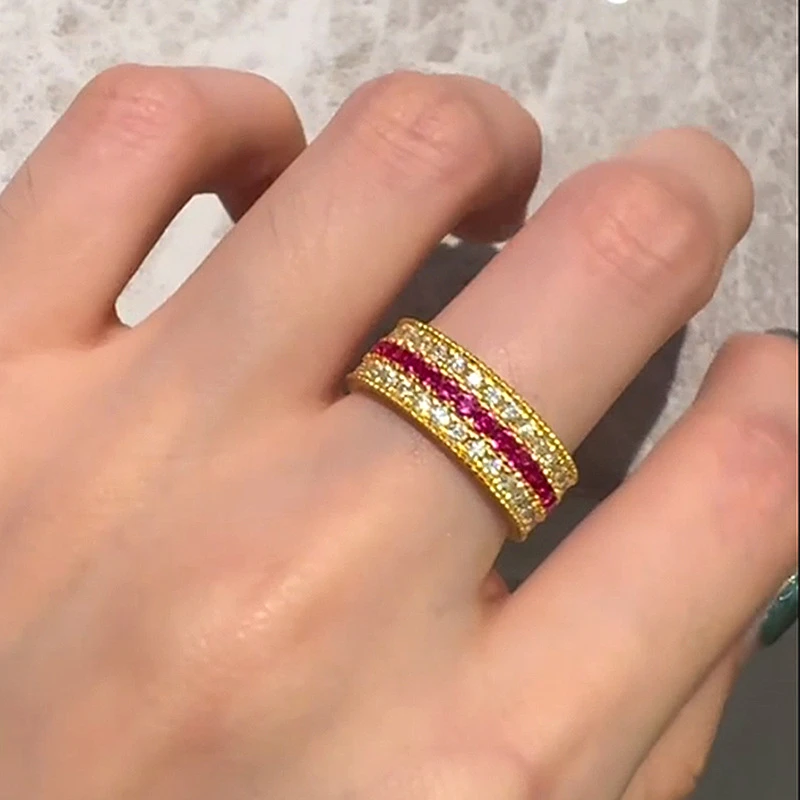 铜合金戒指 爆款三排闪钻戒爆闪点钻戒指女天彩色安卡拉红指环