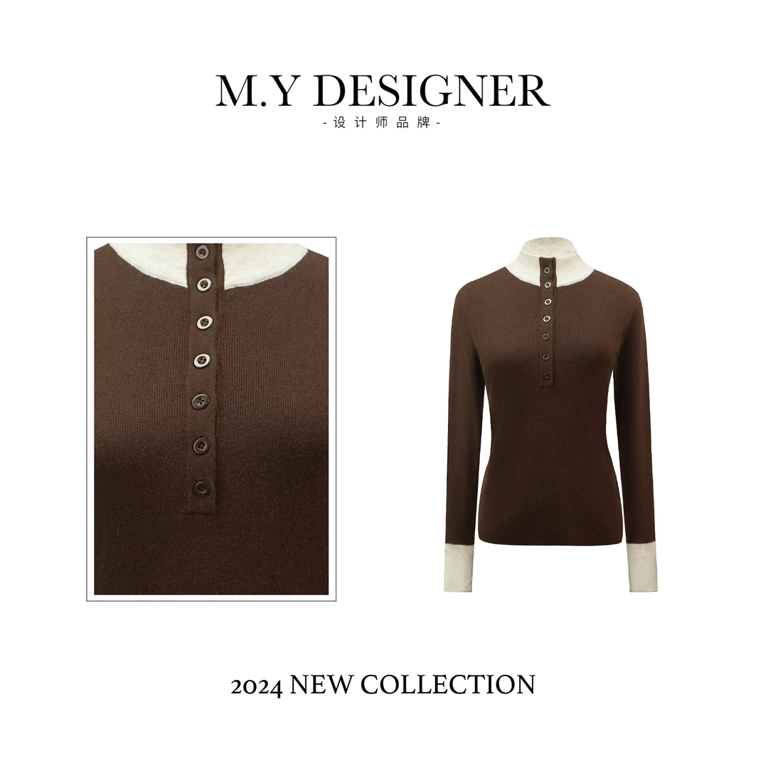 M.Y媛总 撞色高领排扣针织衫D-24777