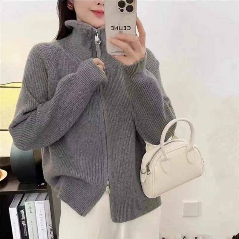 拉链高领毛衣外套2025秋冬新款加厚宽松翻领慵懒针织打底上衣开衫