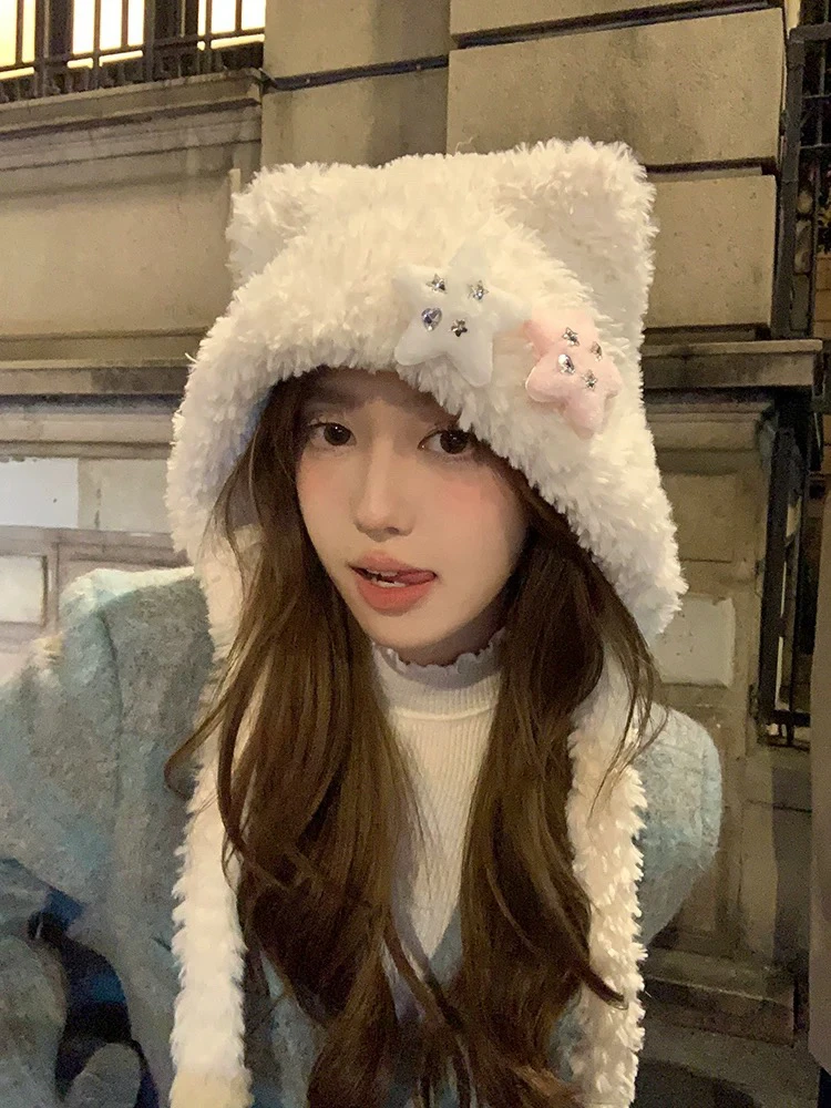 小熊星星帽子女秋冬季新款毛绒保暖加厚护耳雷锋帽毛茸茸