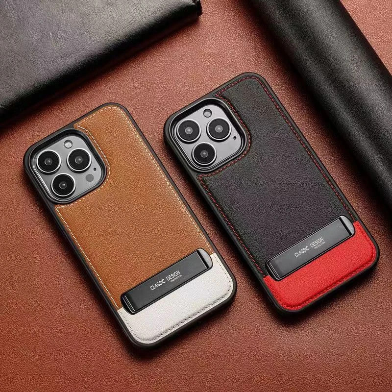 【真头层牛皮】支架苹果14ProMax防摔手机壳iPhone13/12高档撞色潮