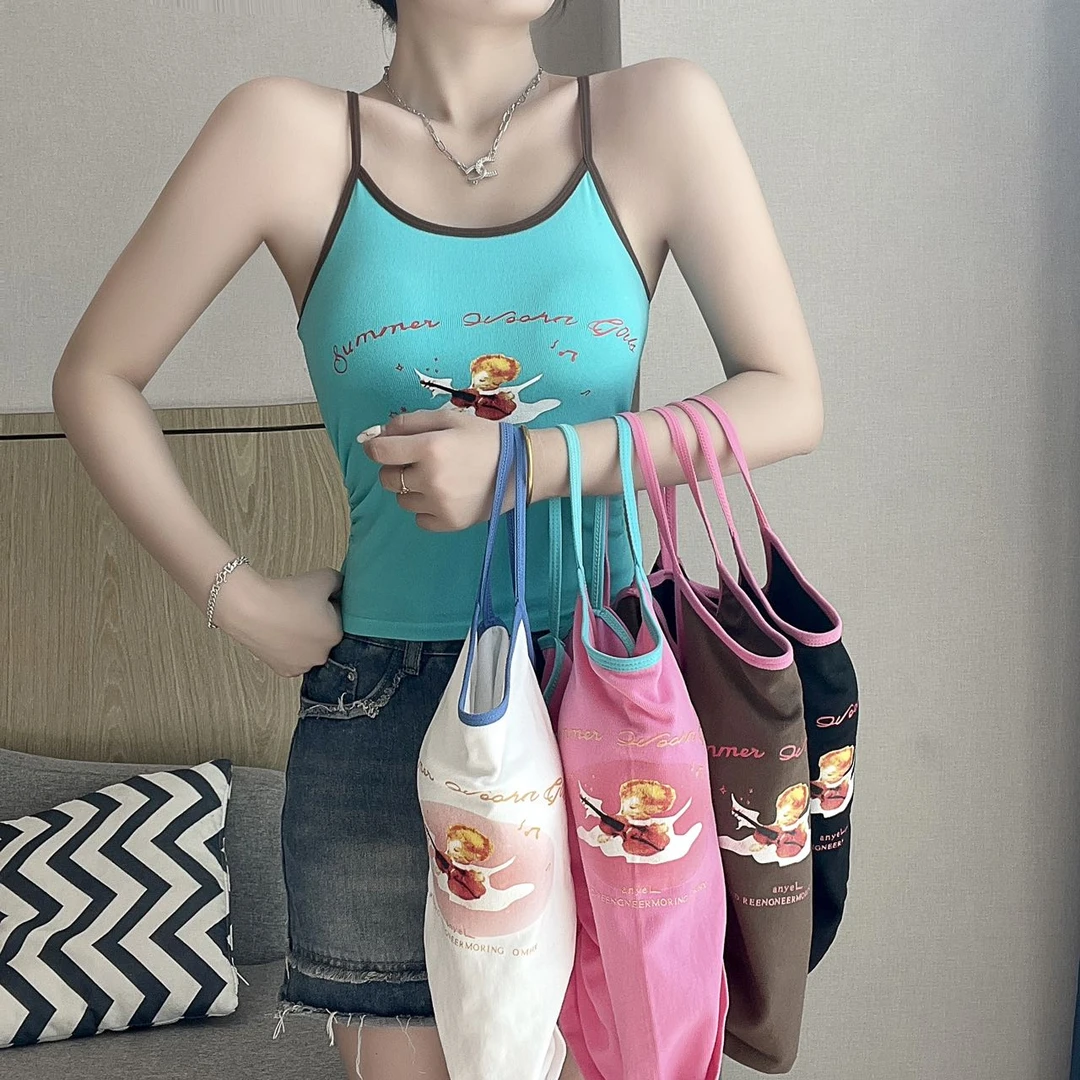 克尔伦贝丘比特抽绳时尚小背心自带胸垫夏季印花辣妹修身显瘦2217