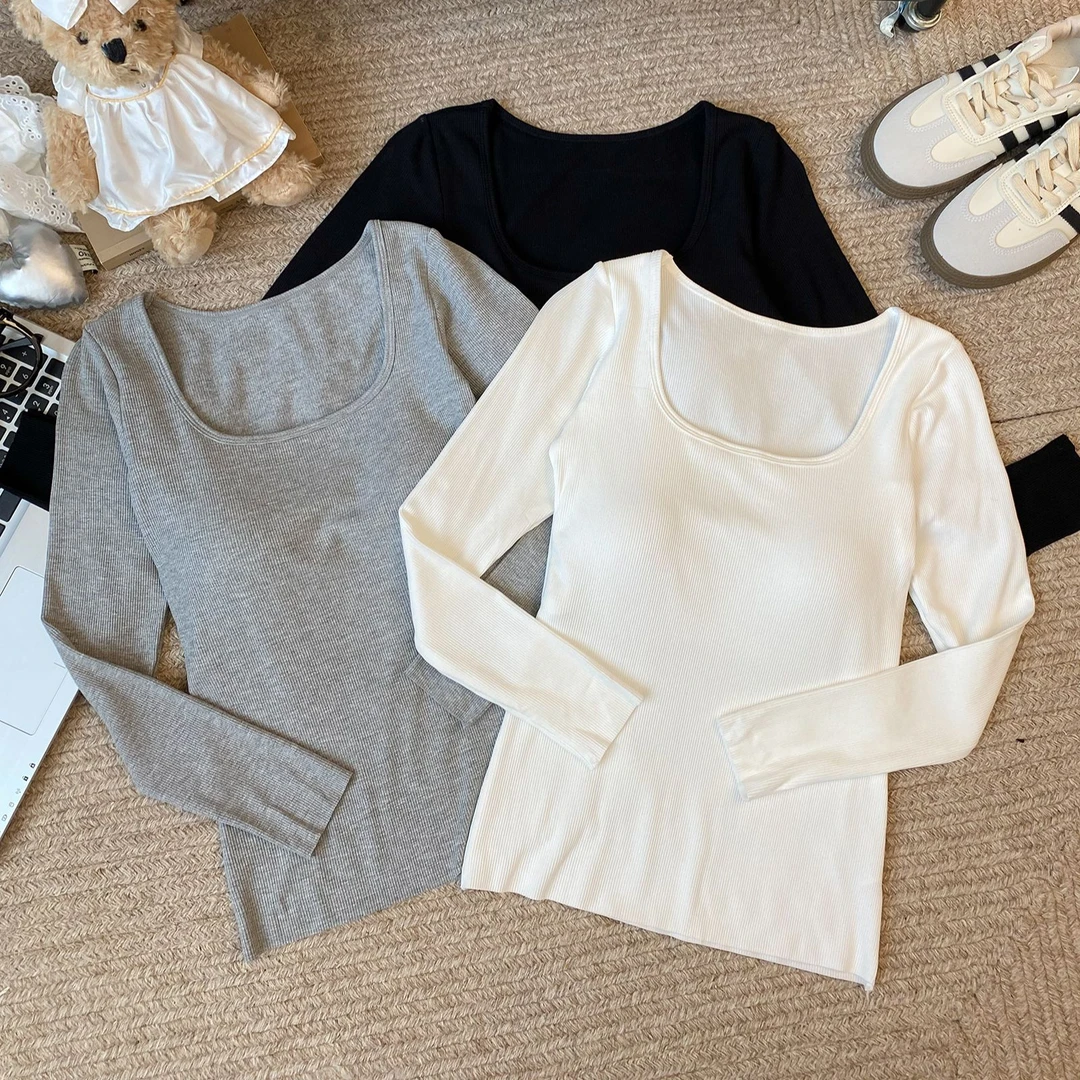 克尔伦贝秋冬磨毛方领长袖t恤修身显瘦百搭打底衫一体式胸垫 9913